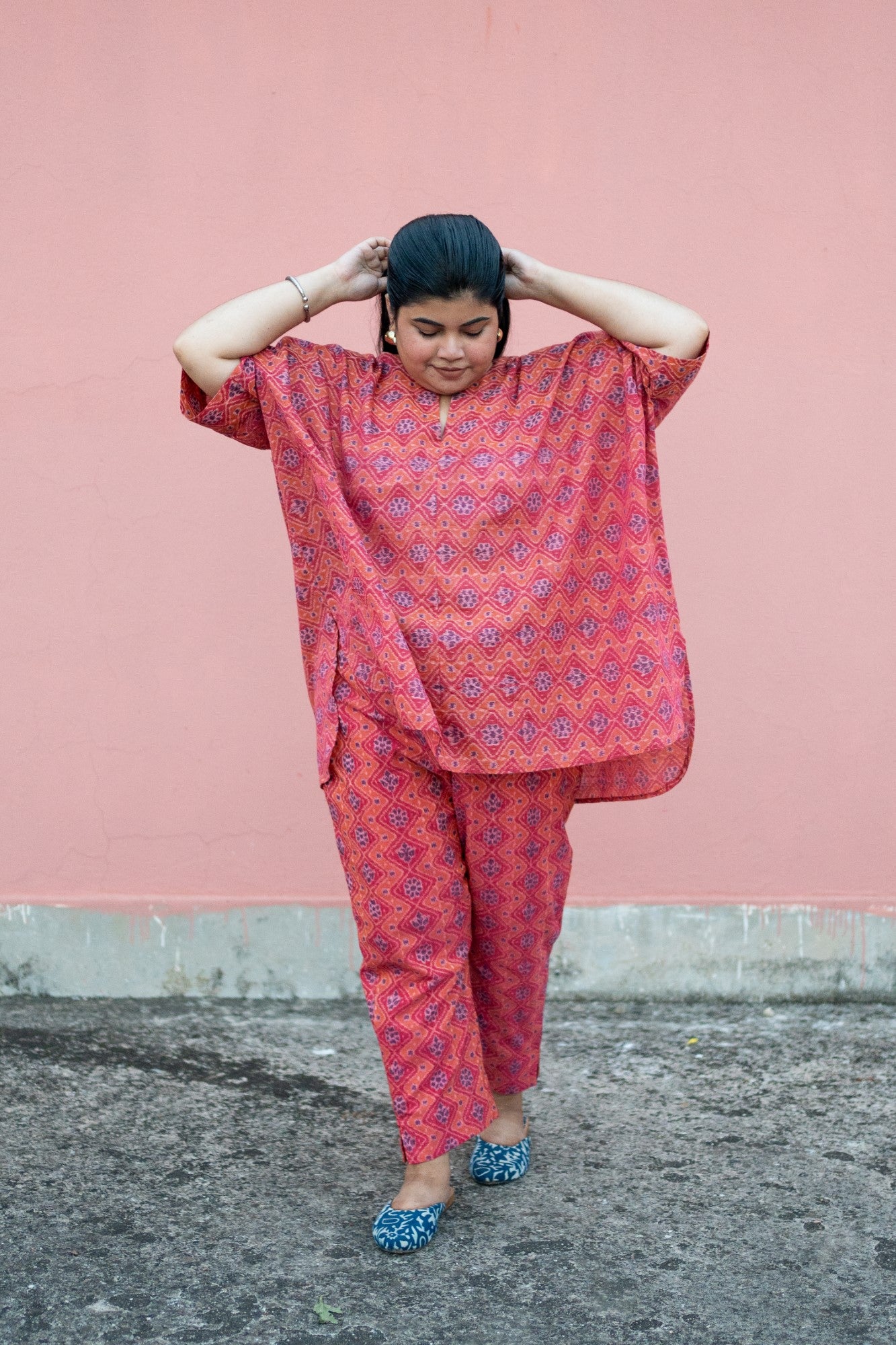 Samuka handloom Ikat kaftan oversized kurta in pure cotton from Odisha