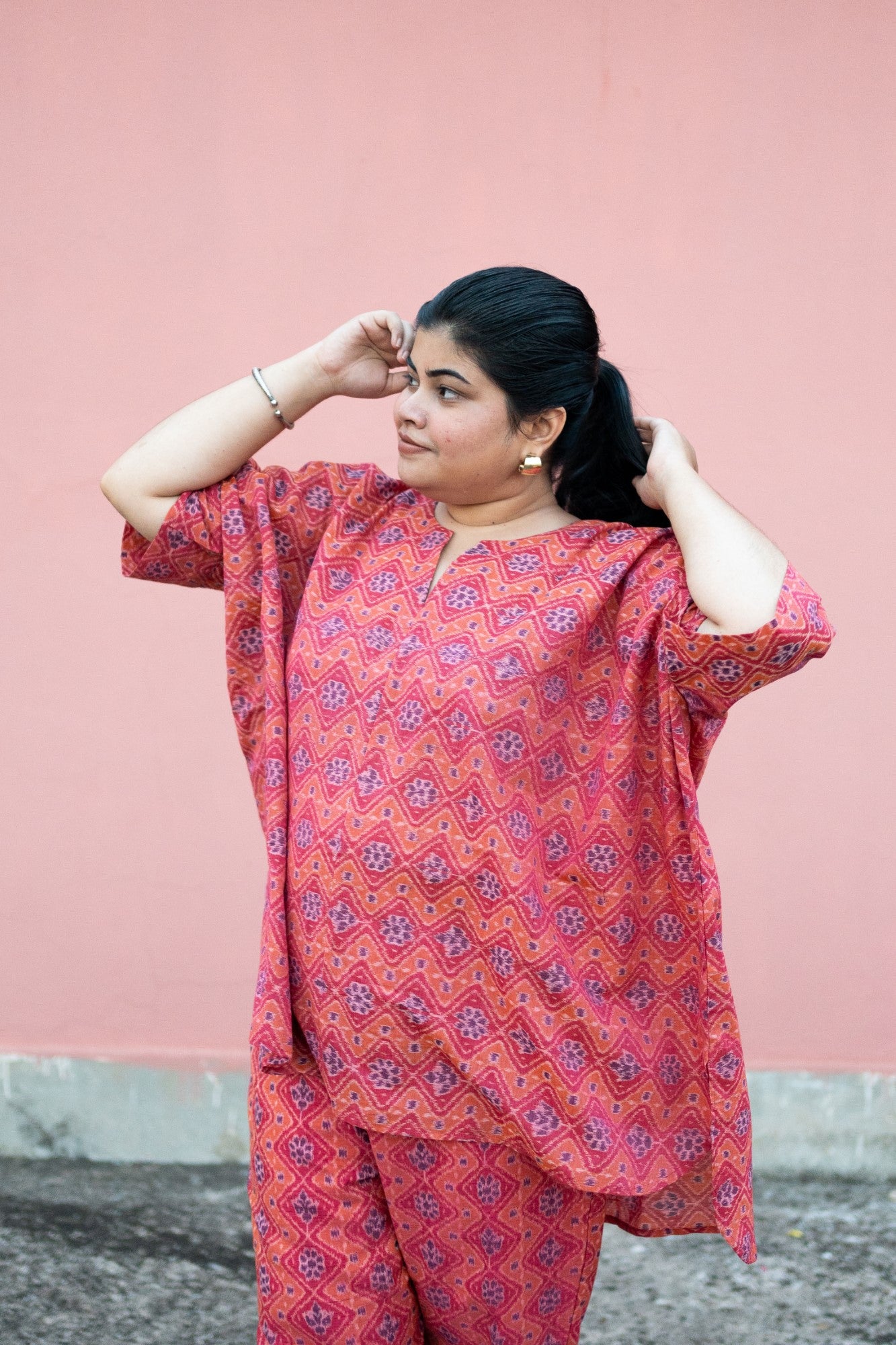 Samuka handloom Ikat kaftan oversized kurta in pure cotton from Odisha